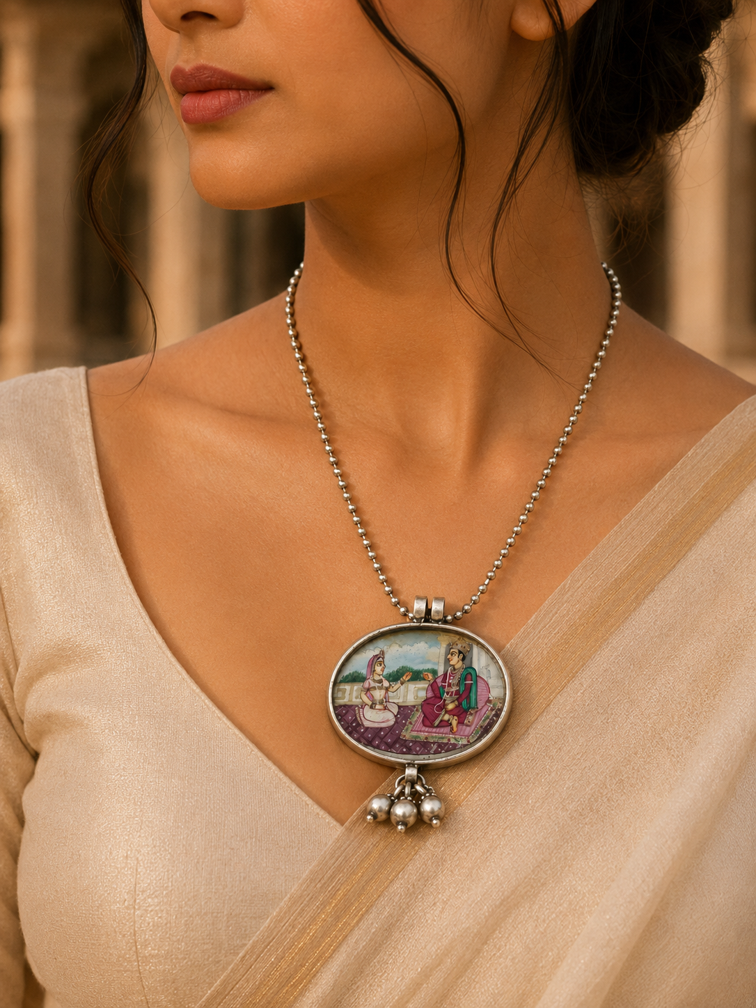 Hastakala Rajputana Handpainted Silver Pendant