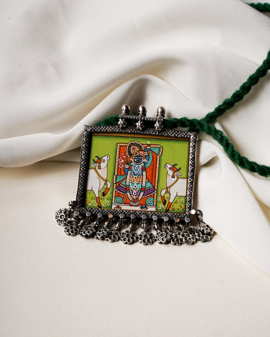 925 Silver Necklace| Hasthkala Handpainted Silver Shreenaath Ji Pendant Necklace