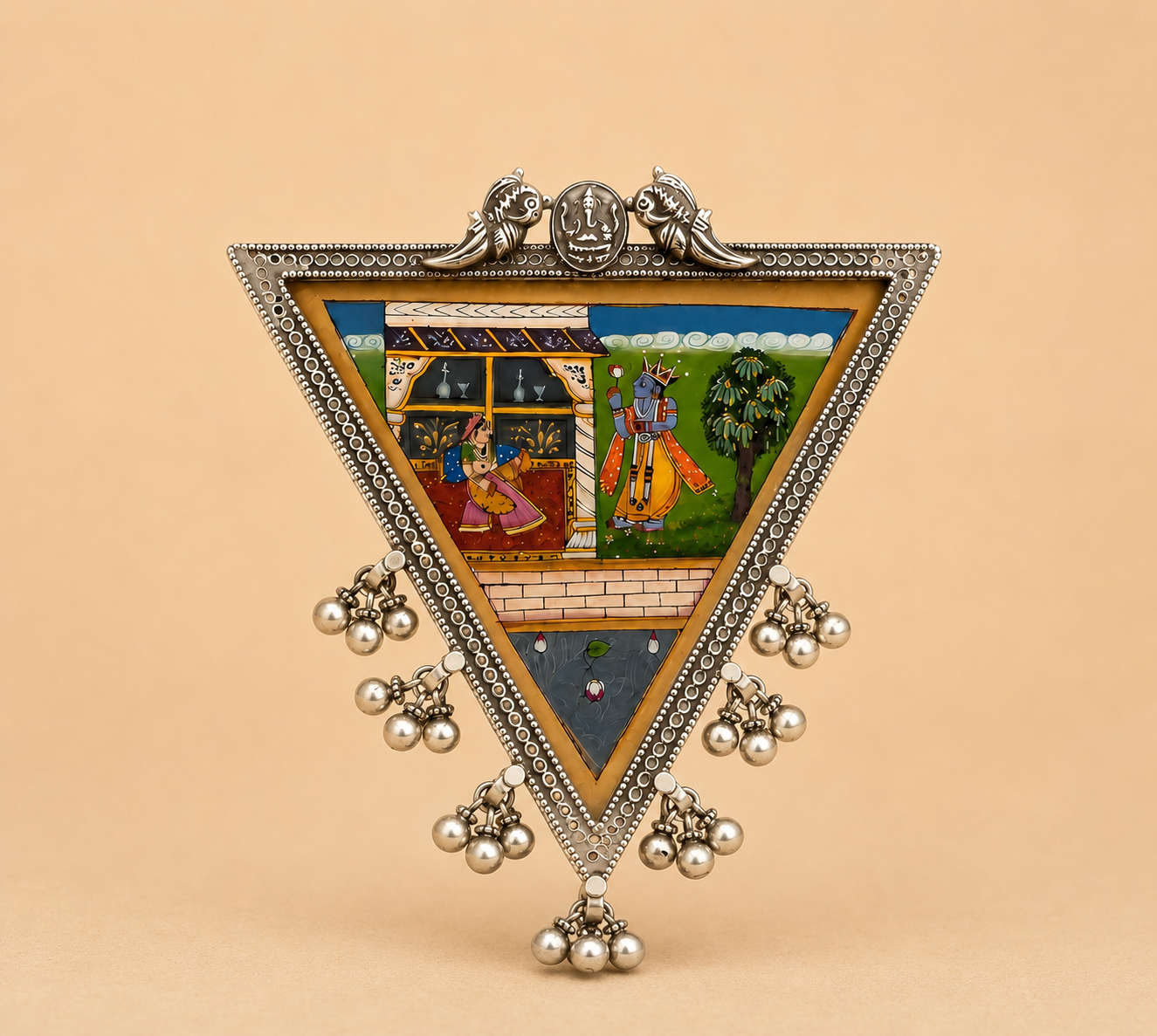 Radha Krishna Triangular Silver Miniature Pendant