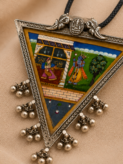Radha Krishna Triangular Silver Miniature Pendant