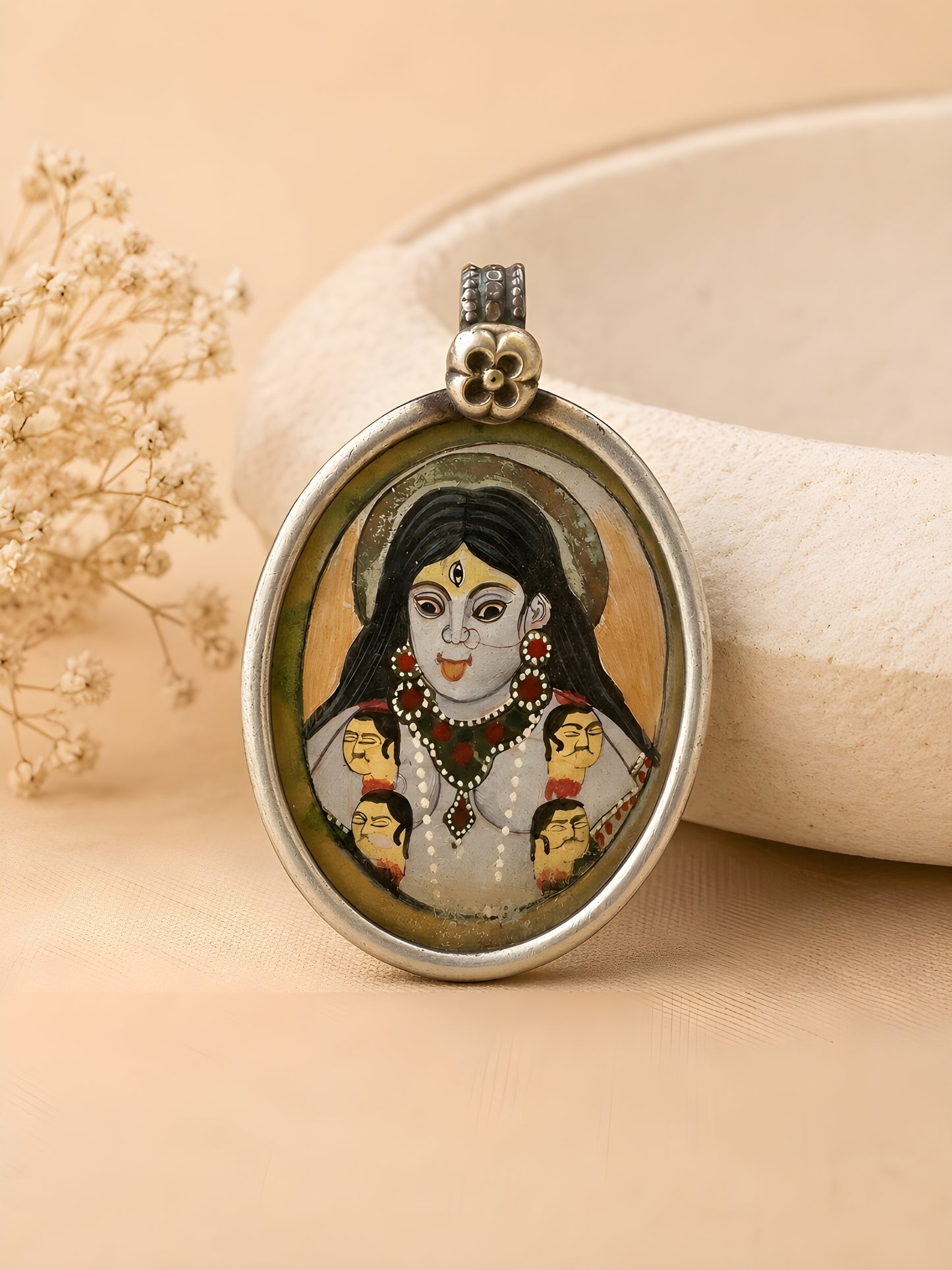 Goddess Kali Handpainted Silver Pendant