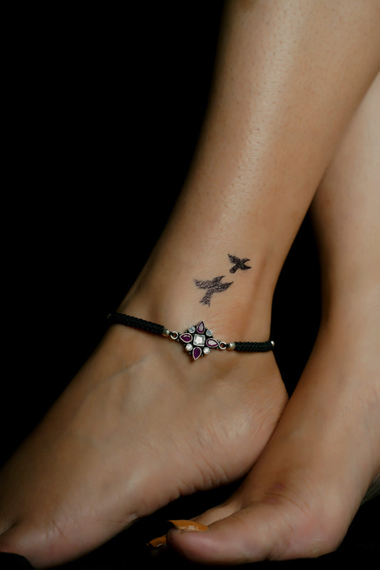 925 Silver Anklet| Zircon Ruby Cut-Stone Thread Anklet |Silver Nazarbattu Anklet