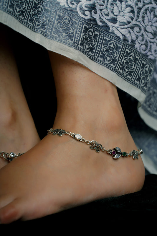 925 Silver Anklet| Butterfly Multi-Color Cut-Stone Silver Payal