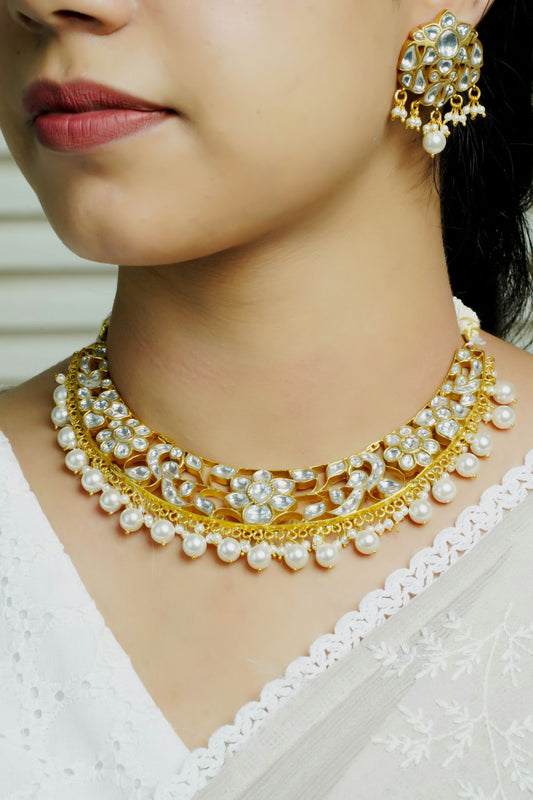Swarn 925 Silver Gold Polished Kundan Necklace Set