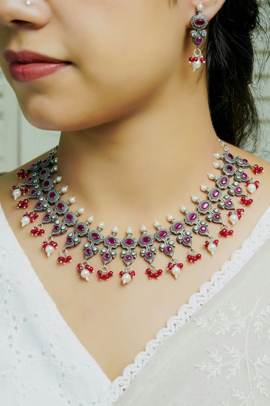 Kolhapuri Work Silver necklace Set with ruby kota-Stone