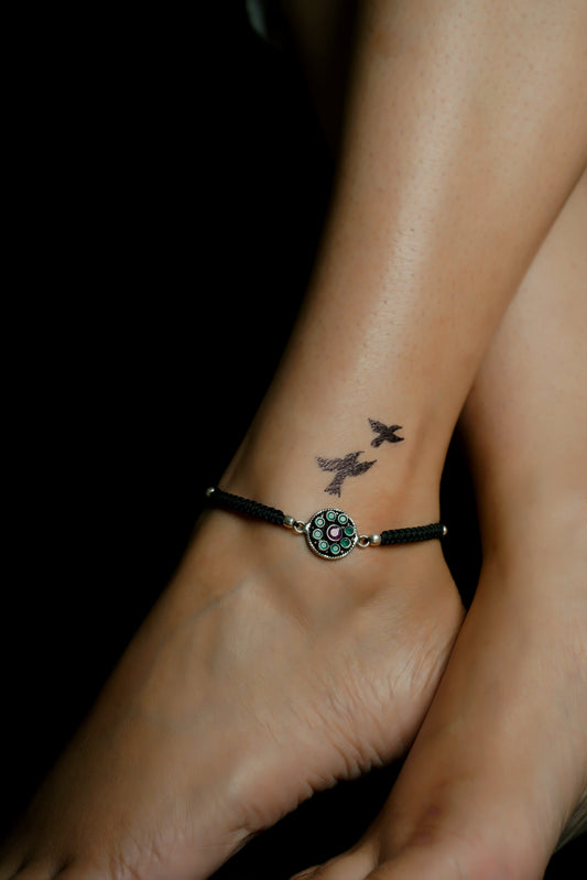 925 Silver Anklet| Multi-color Cut-Stone Thread Anklet |Silver Nazarbattu Anklet