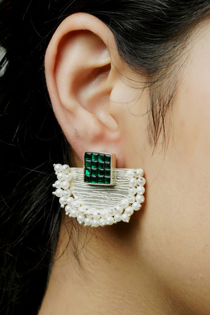 Anokhi Fusion Green Kundan Silver Earrings|925 Silver Earrings