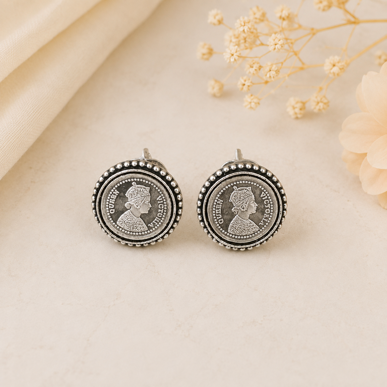 925 Sterling Silver Victorian Coin Stud Earrings