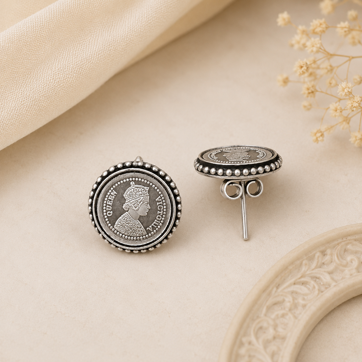 925 Sterling Silver Victorian Coin Stud Earrings