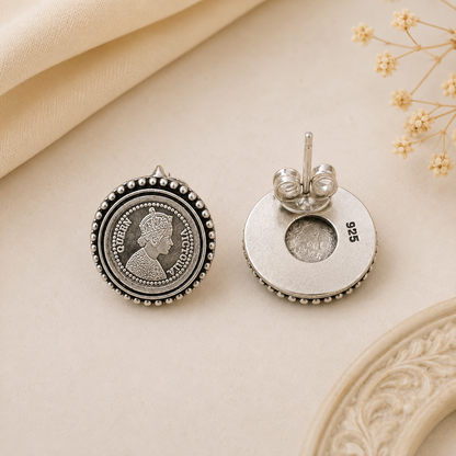 925 Sterling Silver Victorian Coin Stud Earrings