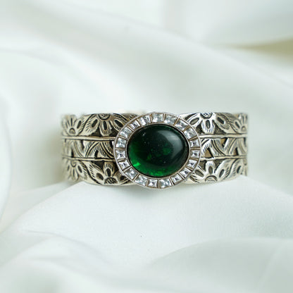 925 Silver Bangle| Anokhi Emerald Fusion Silver Openable Cuff