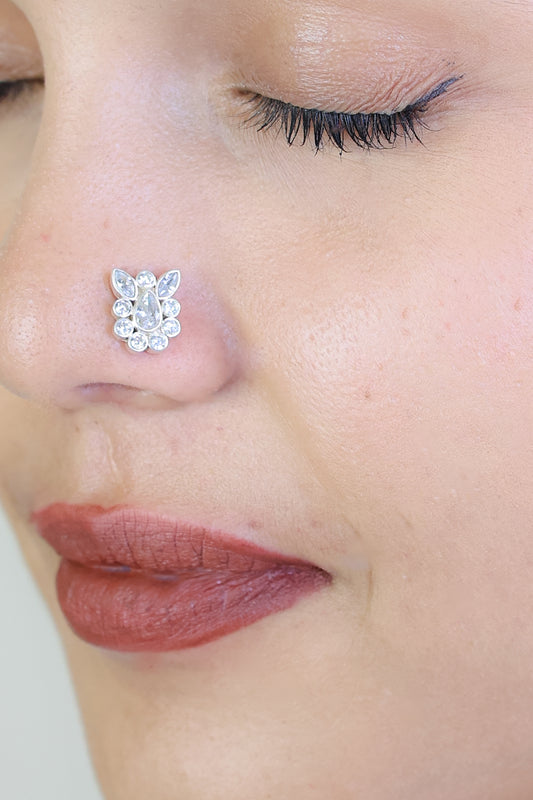 925 Silver Nosepin| Nazakat Bunny Zircon And Pearl Silver Nosepin(Wire)
