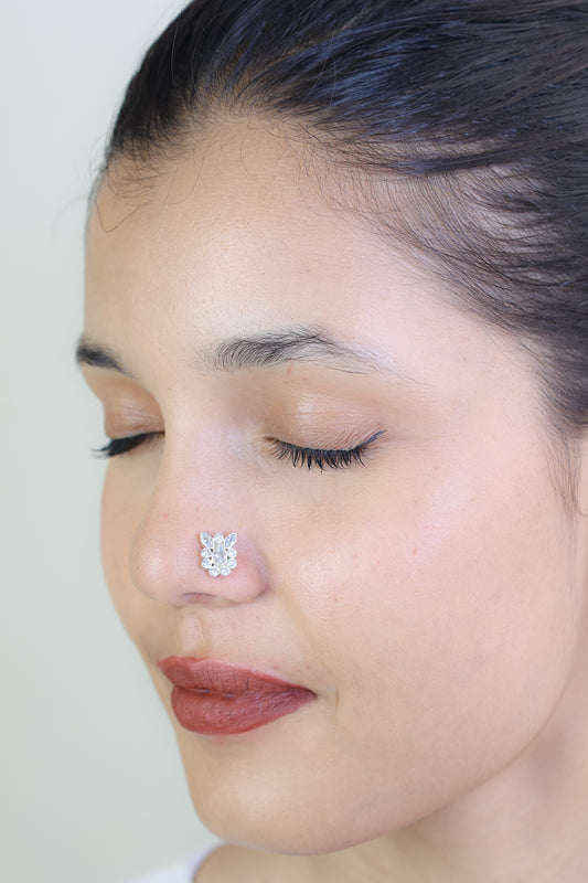 925 Silver Nosepin| Nazakat Bunny Zircon And Pearl Silver Nosepin(Wire)