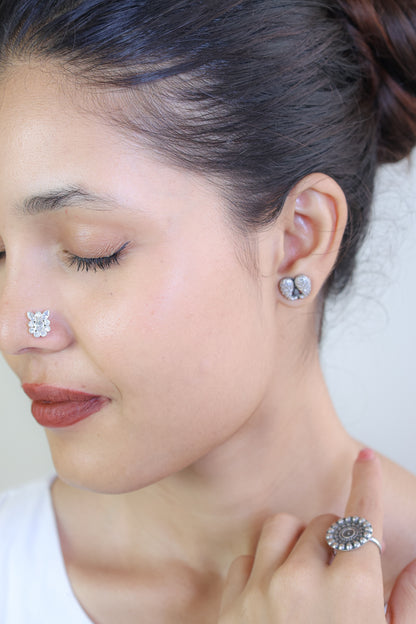 925 Silver Nosepin| Nazakat Bunny Zircon And Pearl Silver Nosepin(Wire)