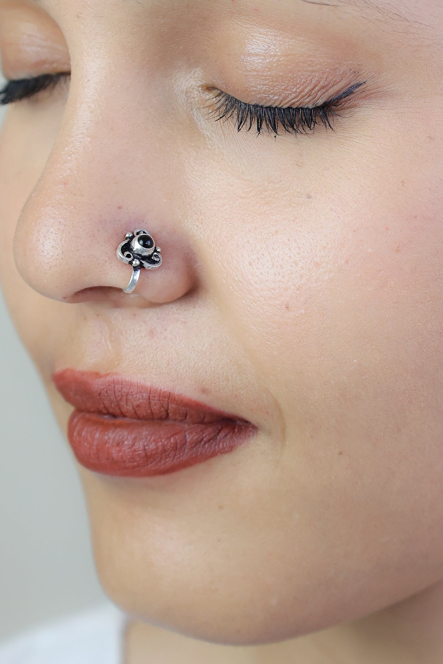 925 Silver Nosepin| Nazakat Tribal Triangle Silver Black Onyx Nosepin( Clip-on)