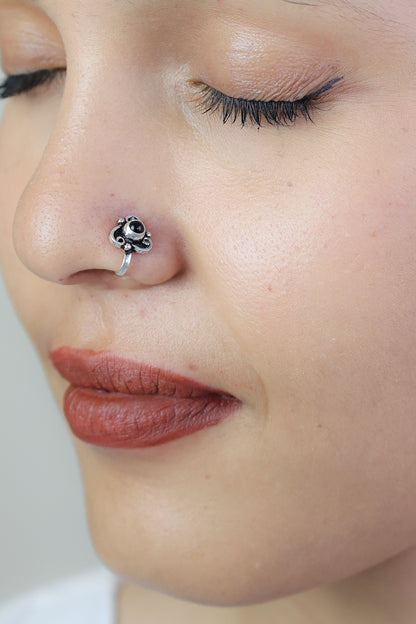 925 Silver Nosepin| Nazakat Tribal Triangle Silver Black Onyx Nosepin( Clip-on)