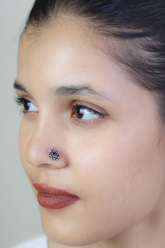 925 Silver Nosepin| Nazakat Sitara Silver Ruby Nosepin(Wire)