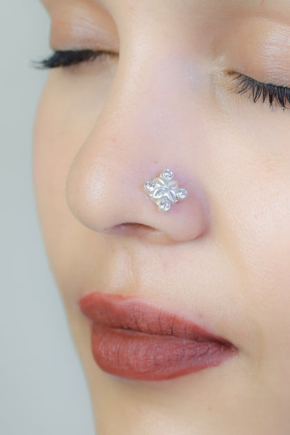 925 Silver Nosepin| Nazakat Elegant Zircon Floral Nosepin( Wire)