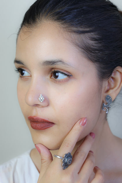 925 Silver Nosepin| Nazakat Zircon Teardrop Silver Nose-pin ( Wire)