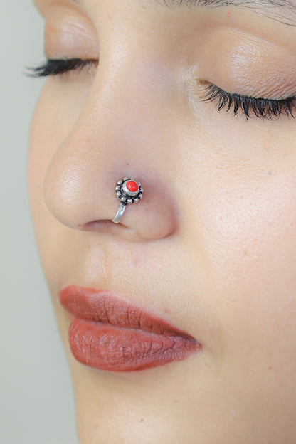 925 Silver Nosepin| Nazakat Coral Round Silver Nosepin( Clip-on)