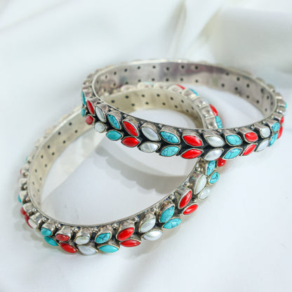 925 Silver Bangles|Aasma Silver Multicolour Semiprecious Cutstone Bangle