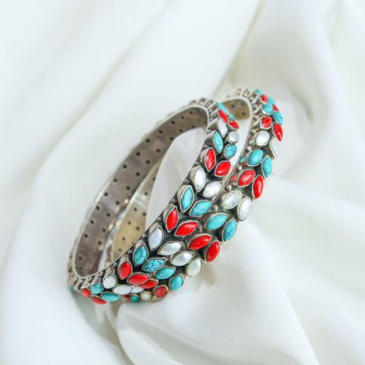 925 Silver Bangles|Aasma Silver Multicolour Semiprecious Cutstone Bangle