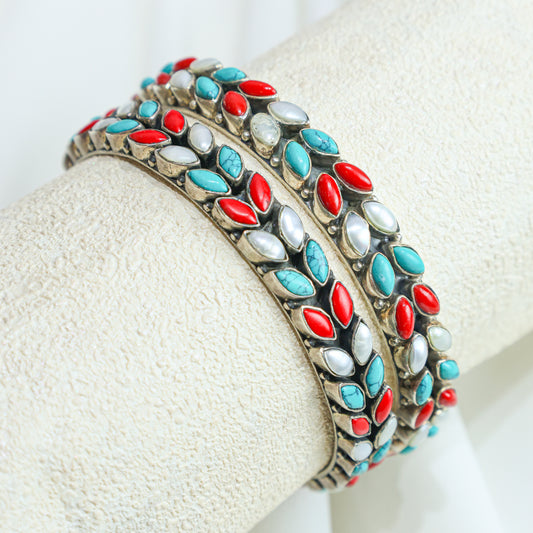 925 Silver Bangles|Aasma Silver Multicolour Semiprecious Cutstone Bangle