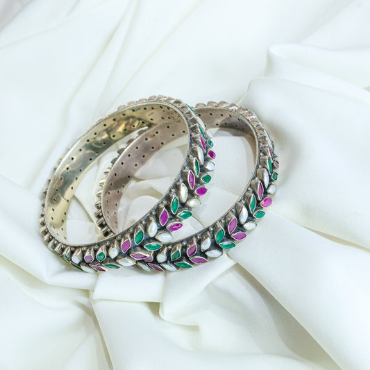 925 Silver Bangles| Aasma Silver Ruby&Emerald Semiprecious Cut-stone Bangles