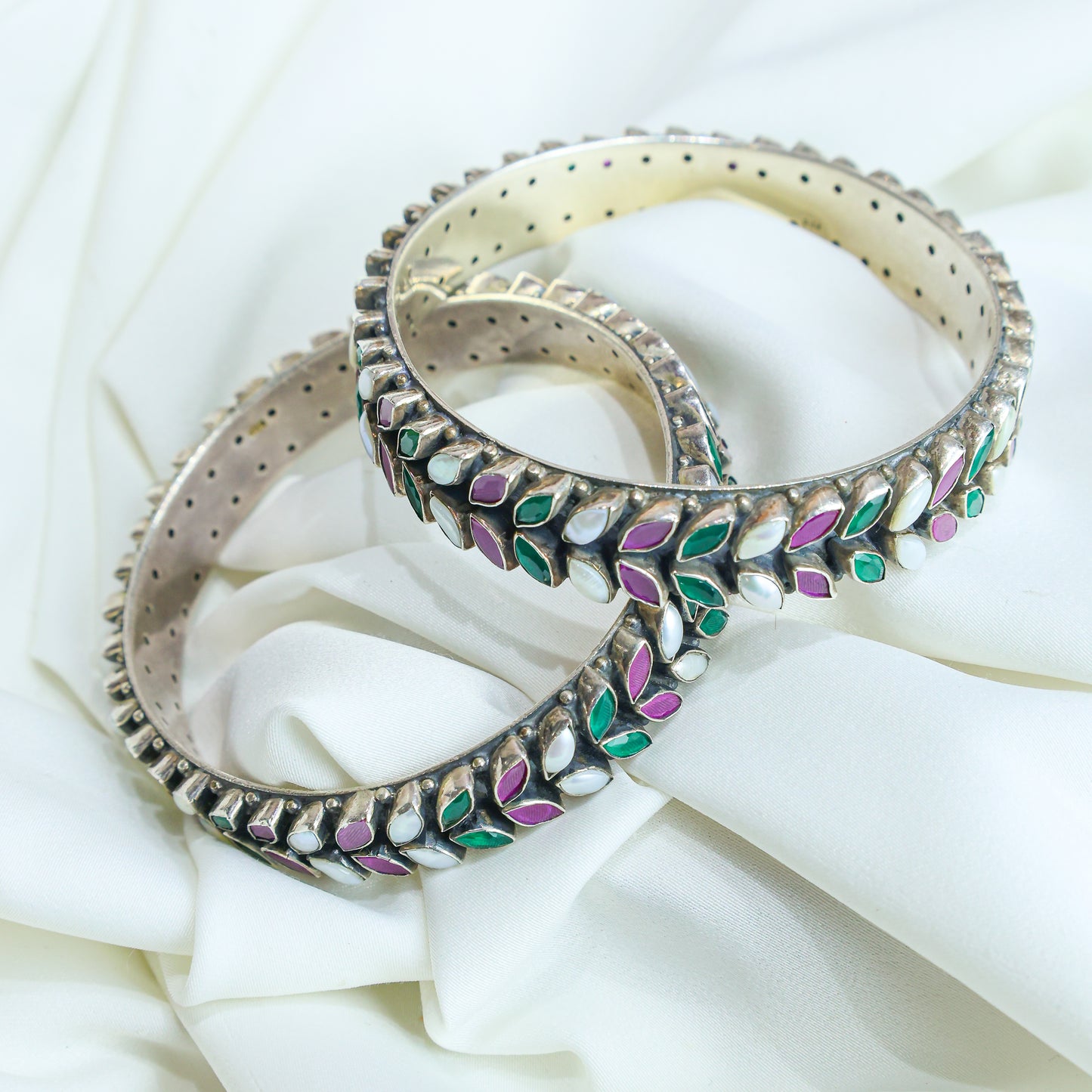 925 Silver Bangles| Aasma Silver Ruby&Emerald Semiprecious Cut-stone Bangles