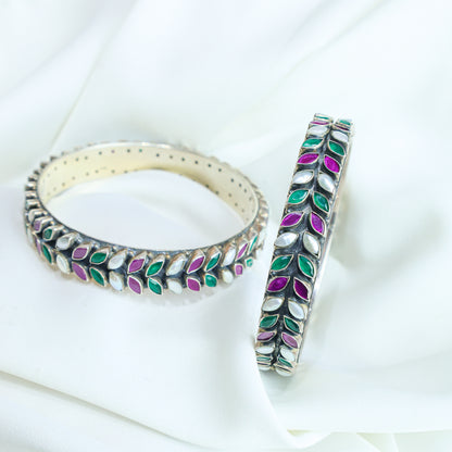 925 Silver Bangles| Aasma Silver Ruby&Emerald Semiprecious Cut-stone Bangles