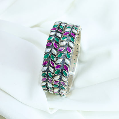 925 Silver Bangles| Aasma Silver Ruby&Emerald Semiprecious Cut-stone Bangles