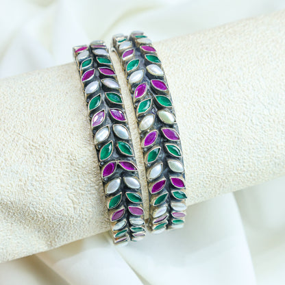 925 Silver Bangles| Aasma Silver Ruby&Emerald Semiprecious Cut-stone Bangles