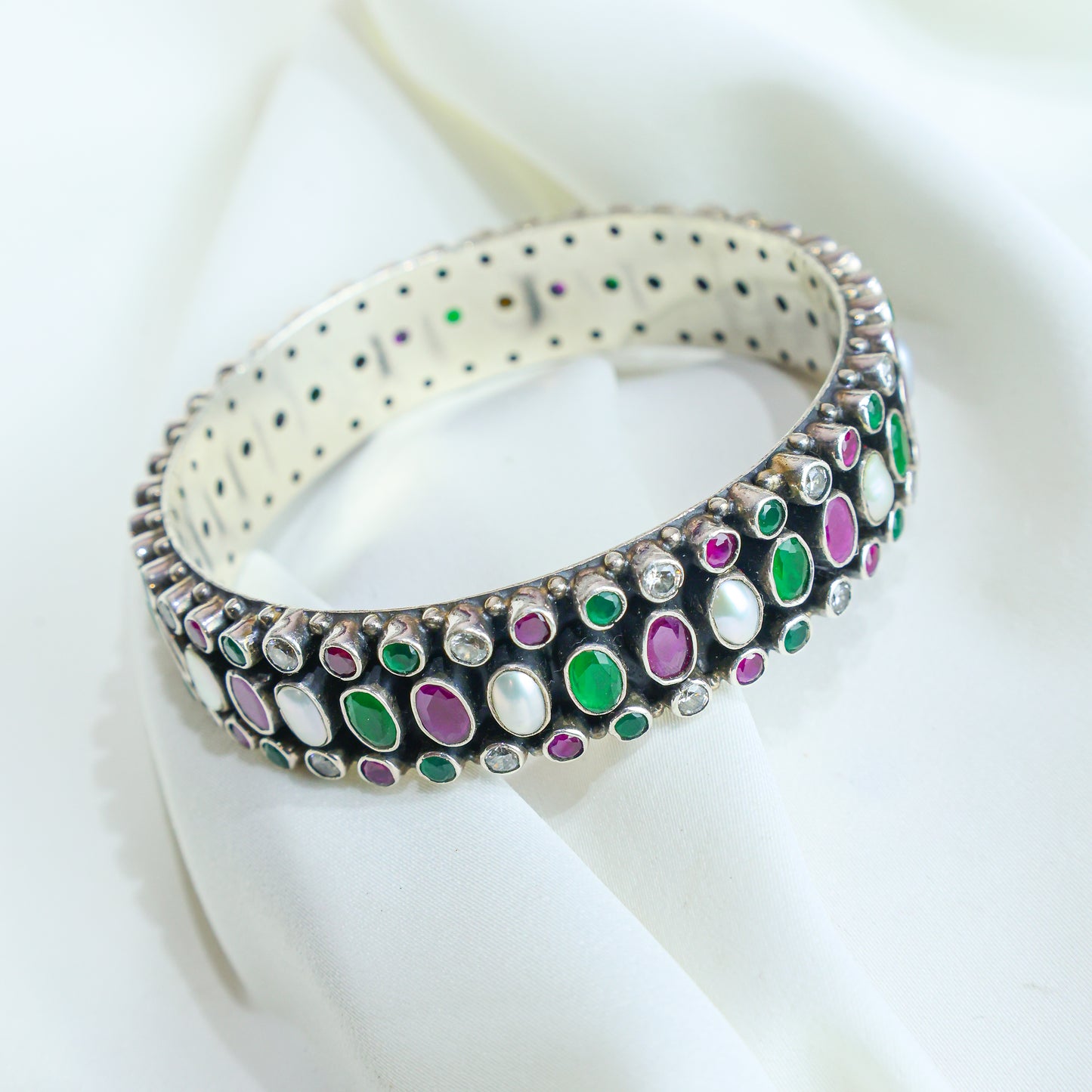 925 Silver Bangles| Aasma Silver Mutlicolour Semiprecious Cutstone Bangle