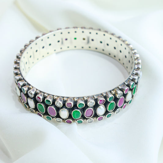 925 Silver Bangles| Aasma Silver Mutlicolour Semiprecious Cutstone Bangle