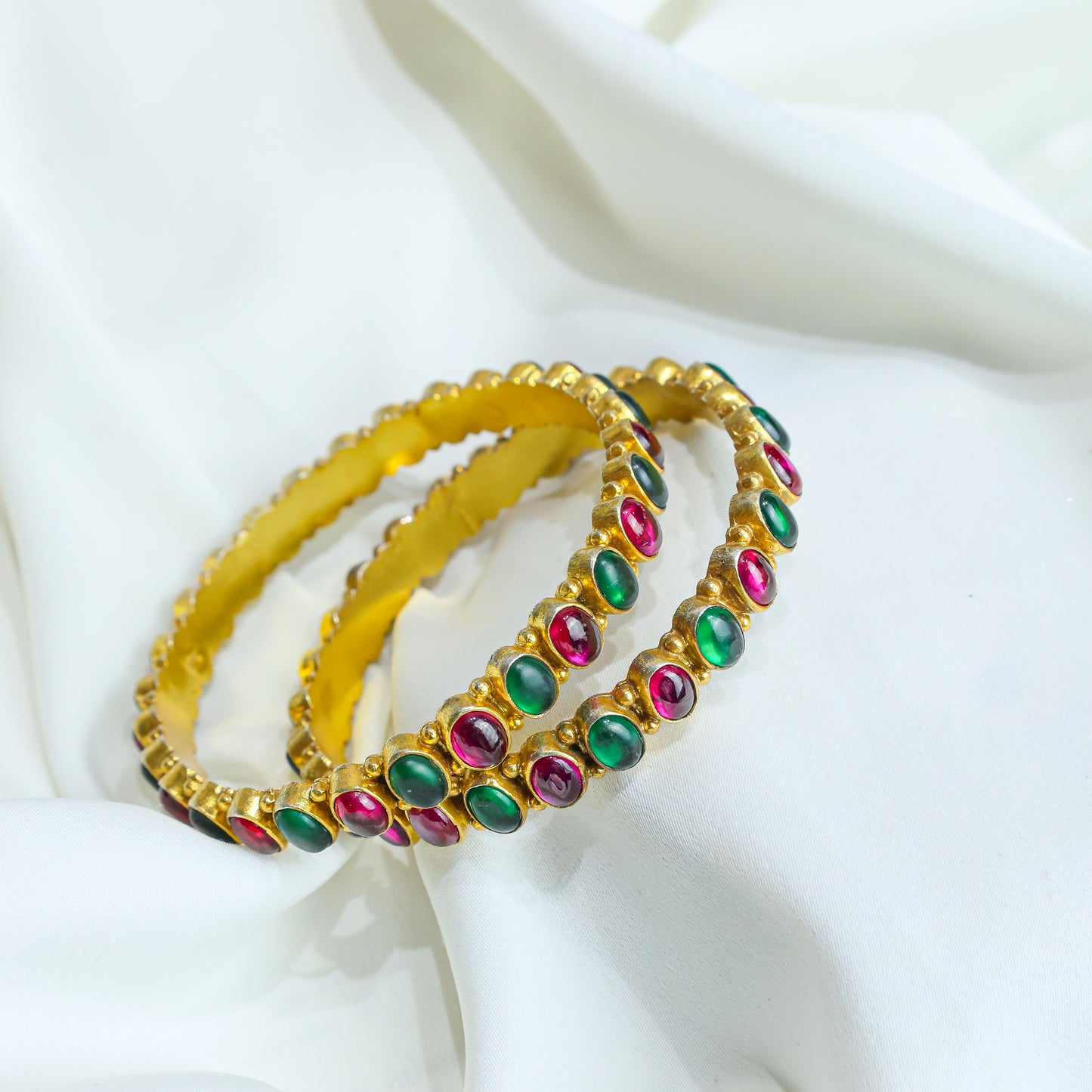 925 Silver Bangles| Aasma Silver Ruby&Emerald Kempu Stone bangle (Gold Plated)