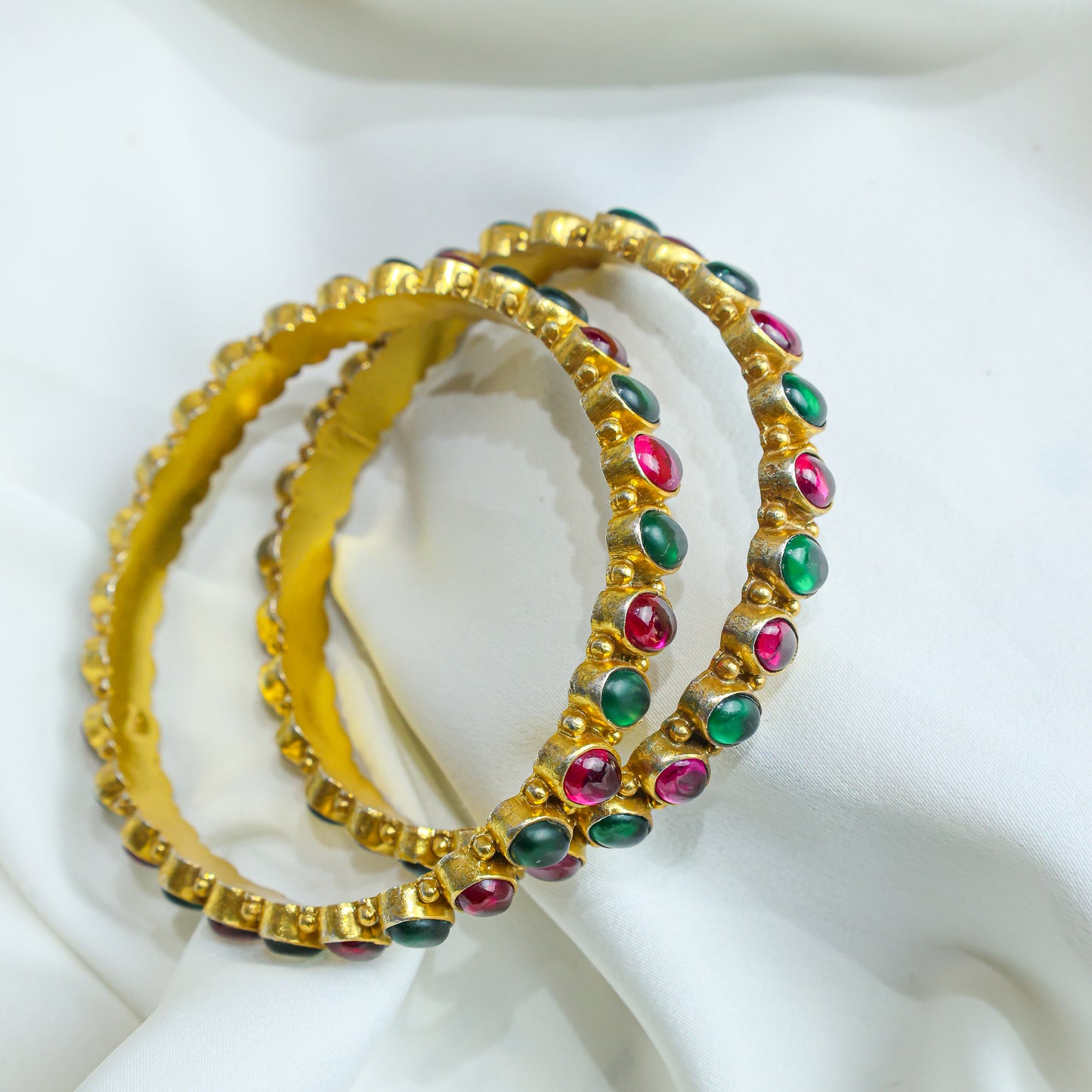 925 Silver Bangles| Aasma Silver Ruby&Emerald Kempu Stone bangle (Gold Plated)