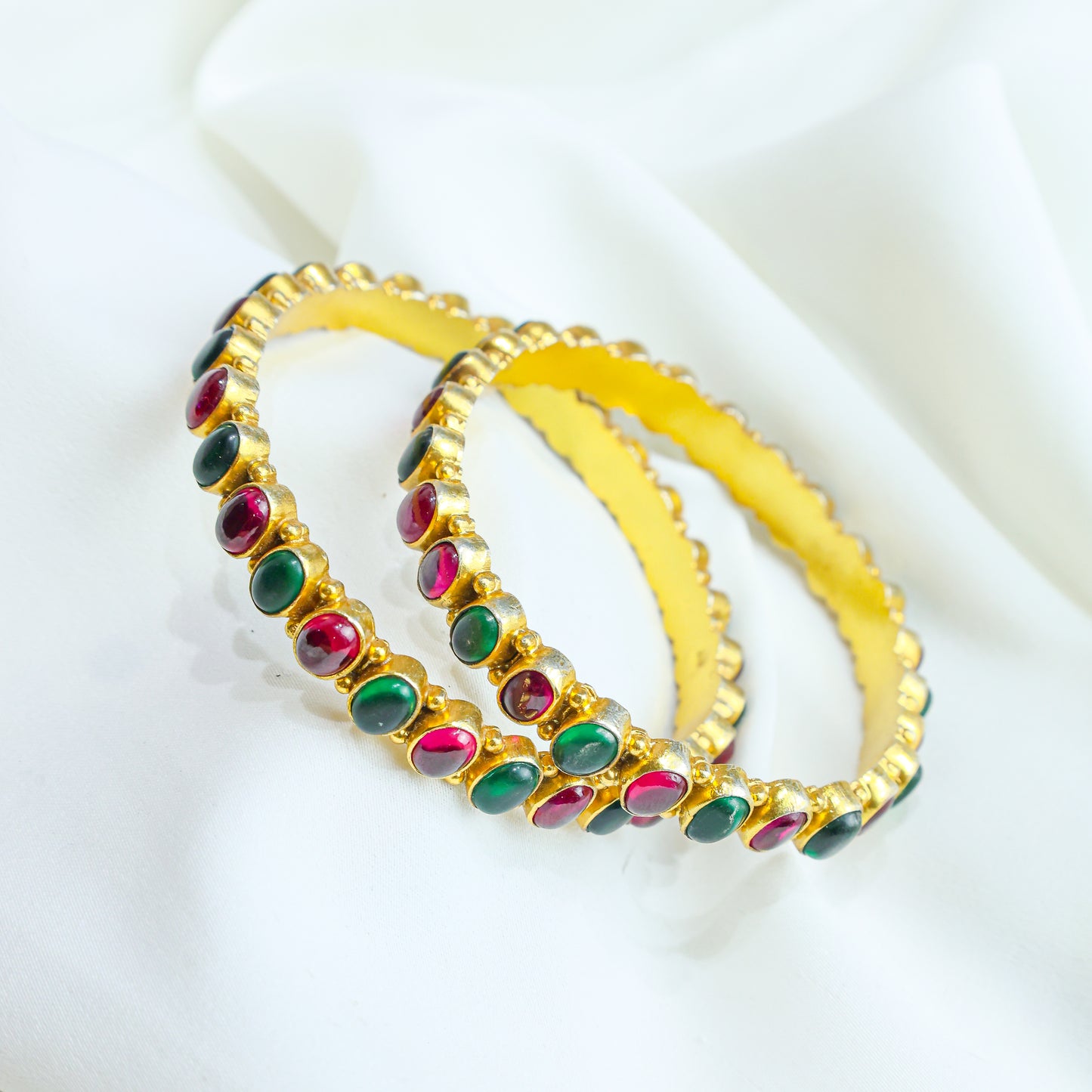 925 Silver Bangles| Aasma Silver Ruby&Emerald Kempu Stone bangle (Gold Plated)
