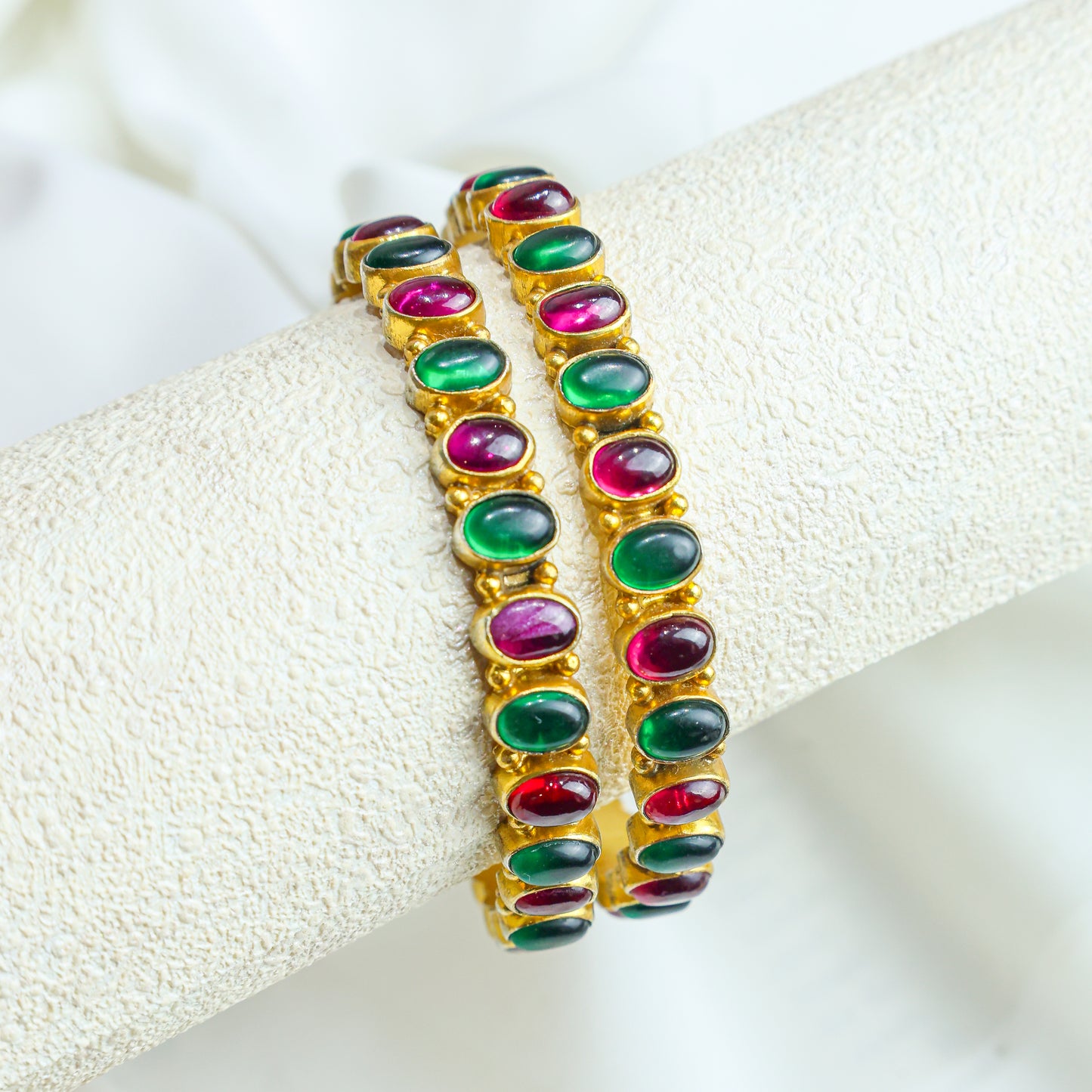 925 Silver Bangles| Aasma Silver Ruby&Emerald Kempu Stone bangle (Gold Plated)
