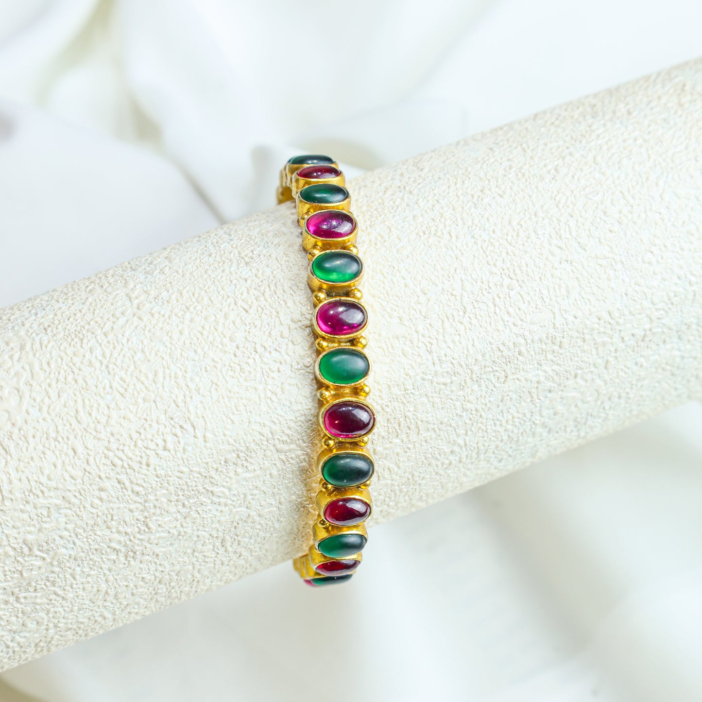 925 Silver Bangles| Aasma Silver Ruby&Emerald Kempu Stone bangle (Gold Plated)