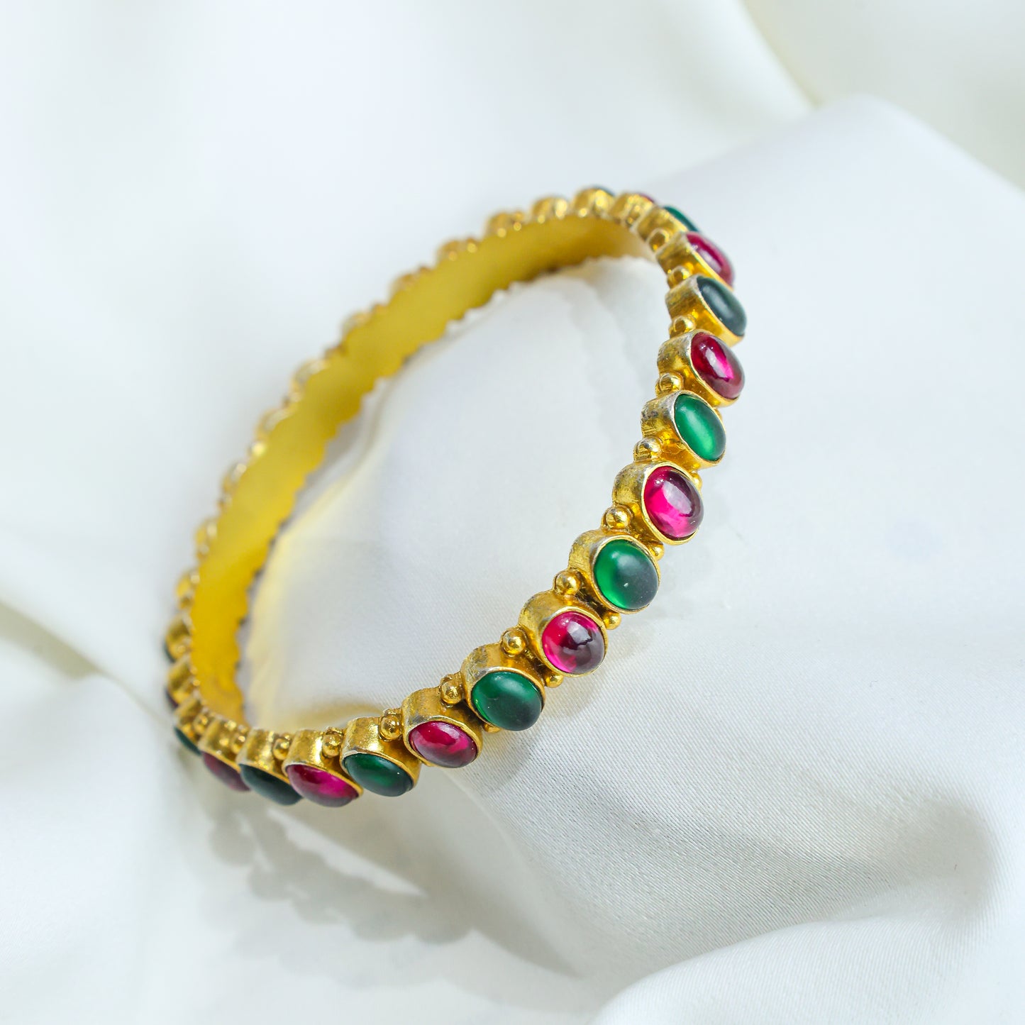 925 Silver Bangles| Aasma Silver Ruby&Emerald Kempu Stone bangle (Gold Plated)