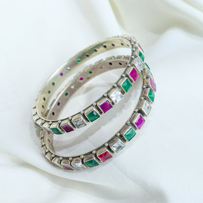 925 Silver Bangles| Aasma Silver Multicolour Semiprecious Cut-stone Bangle