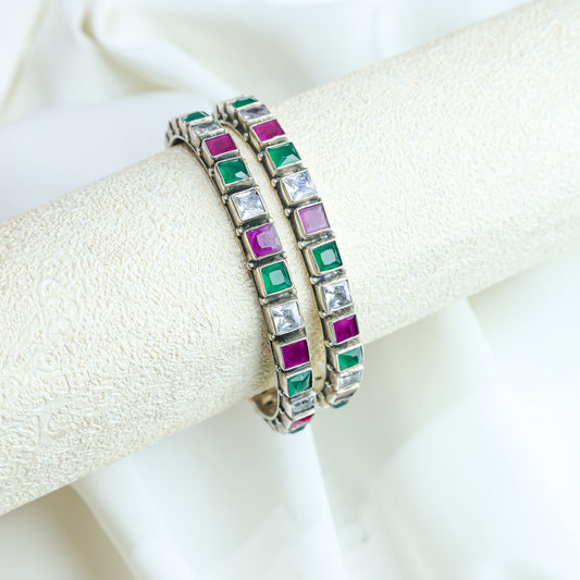 925 Silver Bangles| Aasma Silver Multicolour Semiprecious Cut-stone Bangle