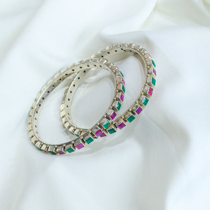 925 Silver Bangles| Aasma Silver Ruby&Emerald Semi precious Cut-stone Bangles