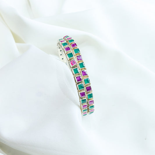 925 Silver Bangles| Aasma Silver Ruby&Emerald Semi precious Cut-stone Bangles