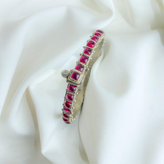 925 Silver Bangle| Asama Cut-stone Silver Ruby Stone Adjustable Bangle