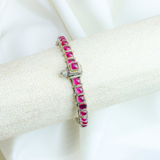 925 Silver Bangle| Asama Cut-stone Silver Ruby Stone Adjustable Bangle