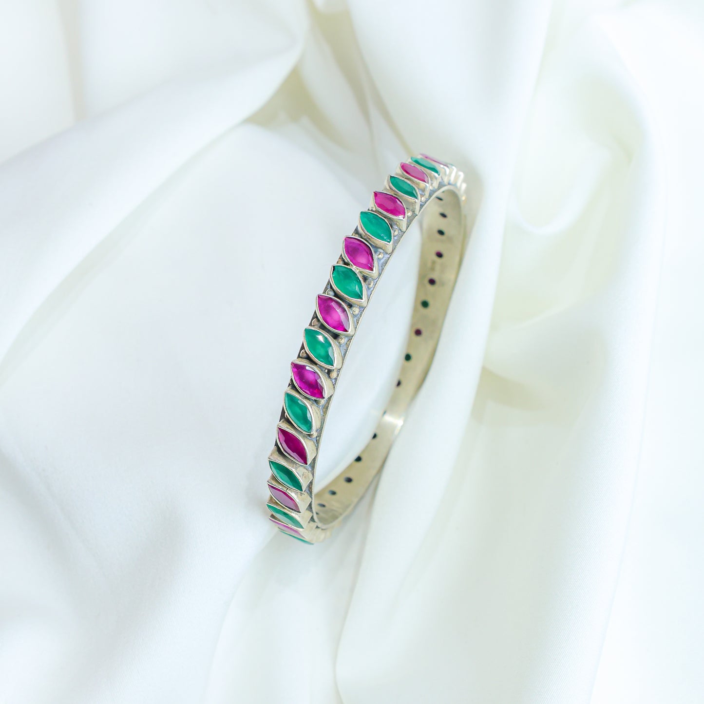 925 Silver Bangles| Asama Cutstone Silver Ruby and Emerald  Bangle