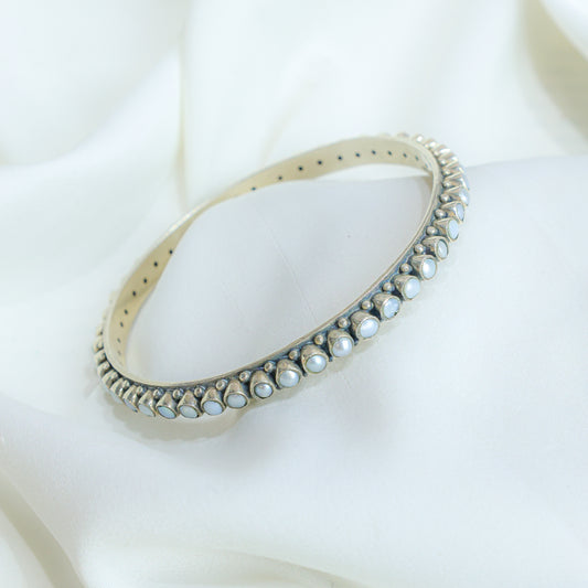 925 Silver Bangle| Asama Cut-stone Silver Pearl Bangle