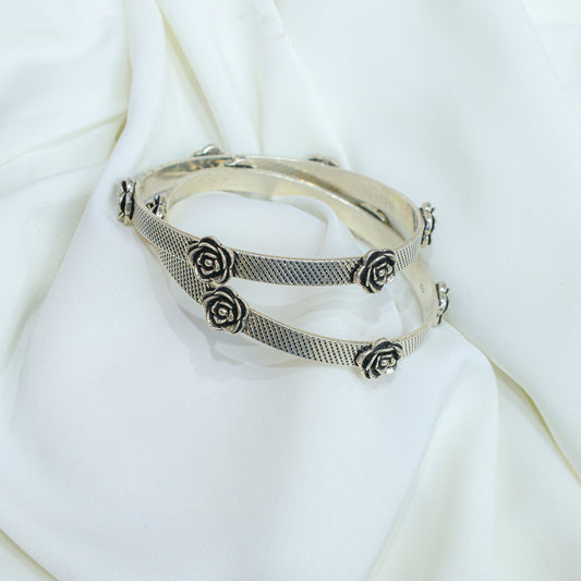 925 Single Bangles| Moh Rose Flower Silver Statement Bangle ( Single Piece)