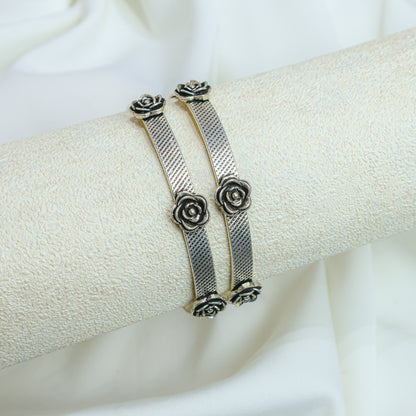 925 Single Bangles| Moh Rose Flower Silver Statement Bangle ( Single Piece)